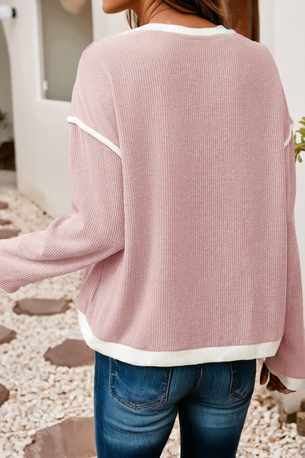LDC Contrast Color Trim Drop Shoulder Loose Top