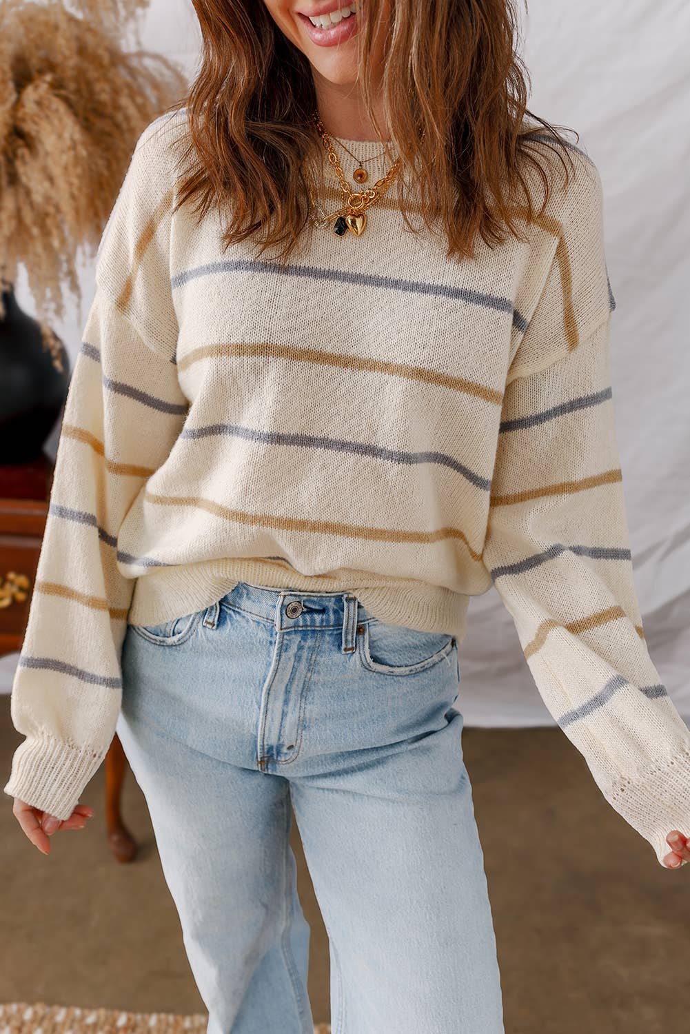 LDC Striped Ribbed Edge Drop Shoulder Sweater