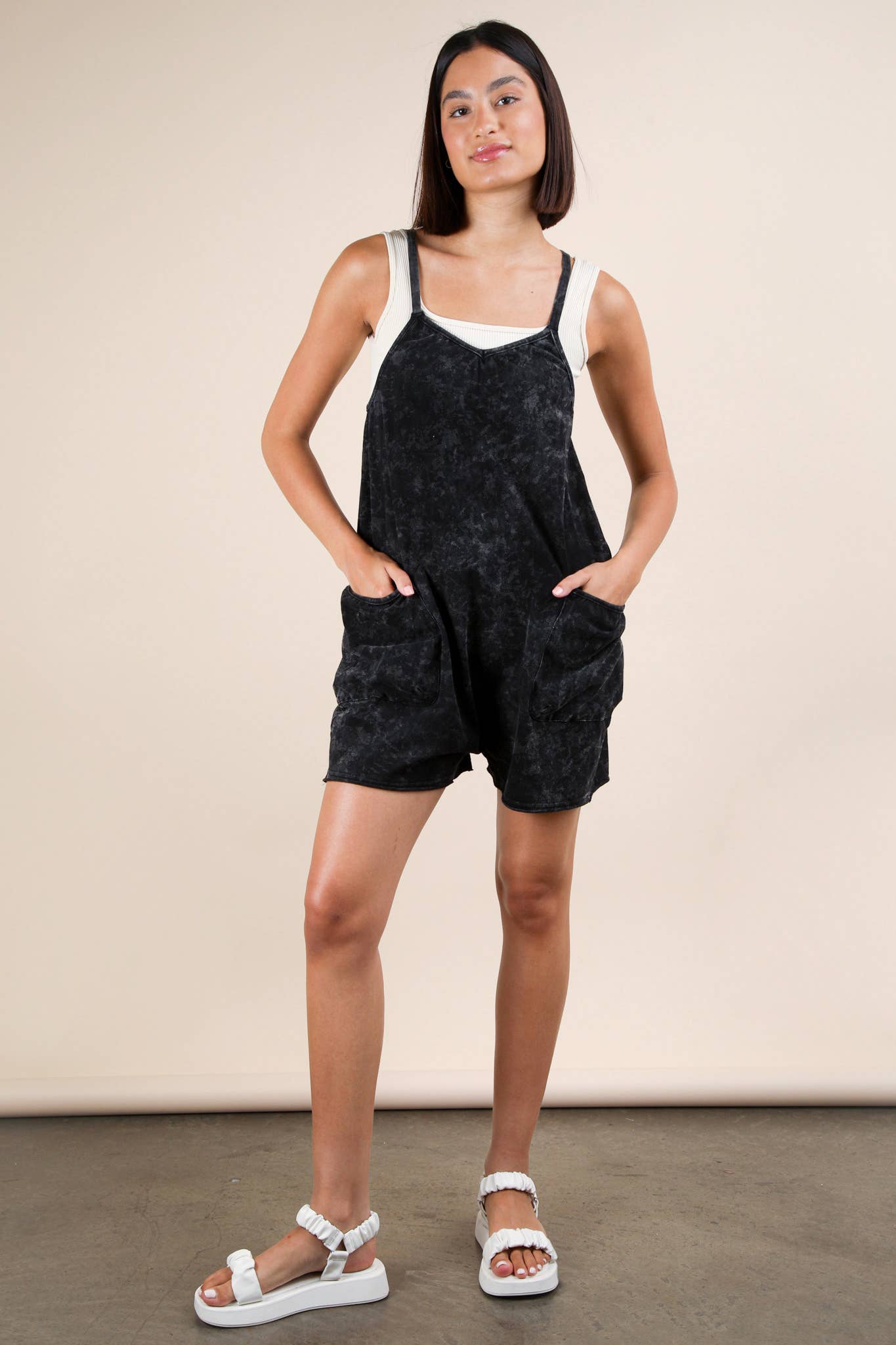 NP70359-Mineral Washed Sleeveless Casual Knit Romper