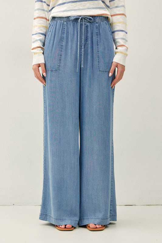 WIDE LEG TENCEL CHAMBRAY PULL-ON PANTS