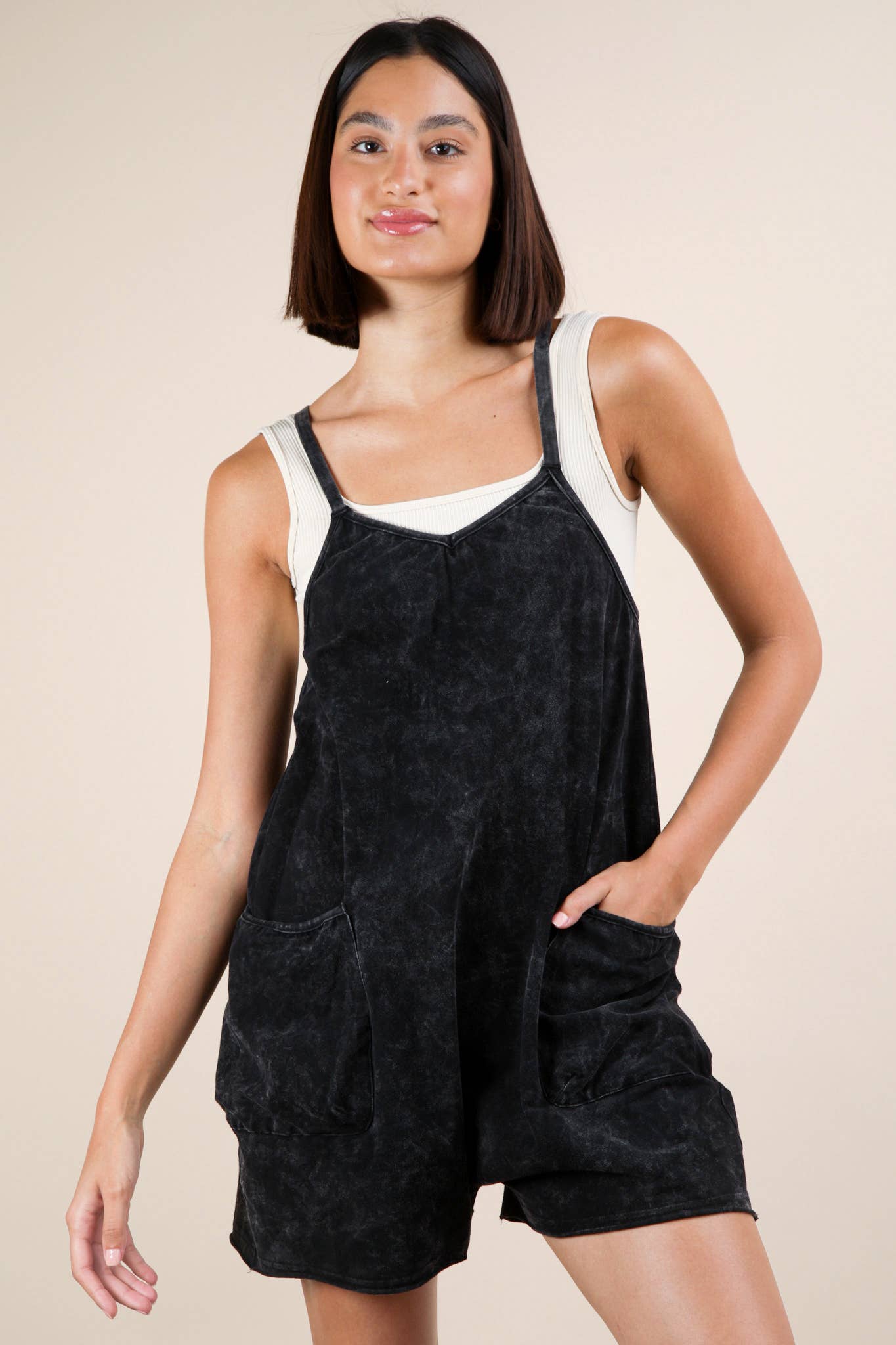 NP70359-Mineral Washed Sleeveless Casual Knit Romper