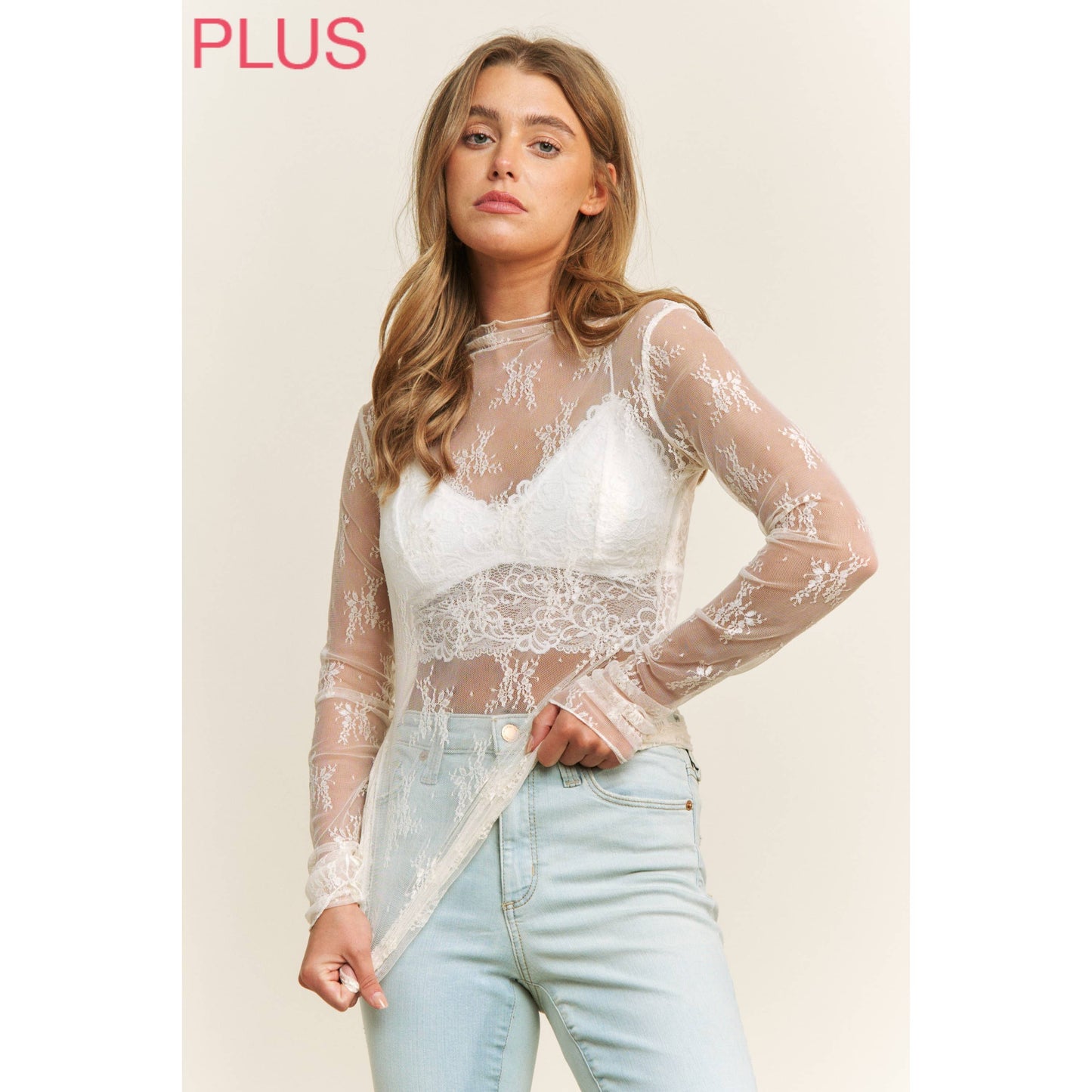 PLUS MESH LACE HIGH NECK DESIGN LONG SLEEVE FITTED TOP