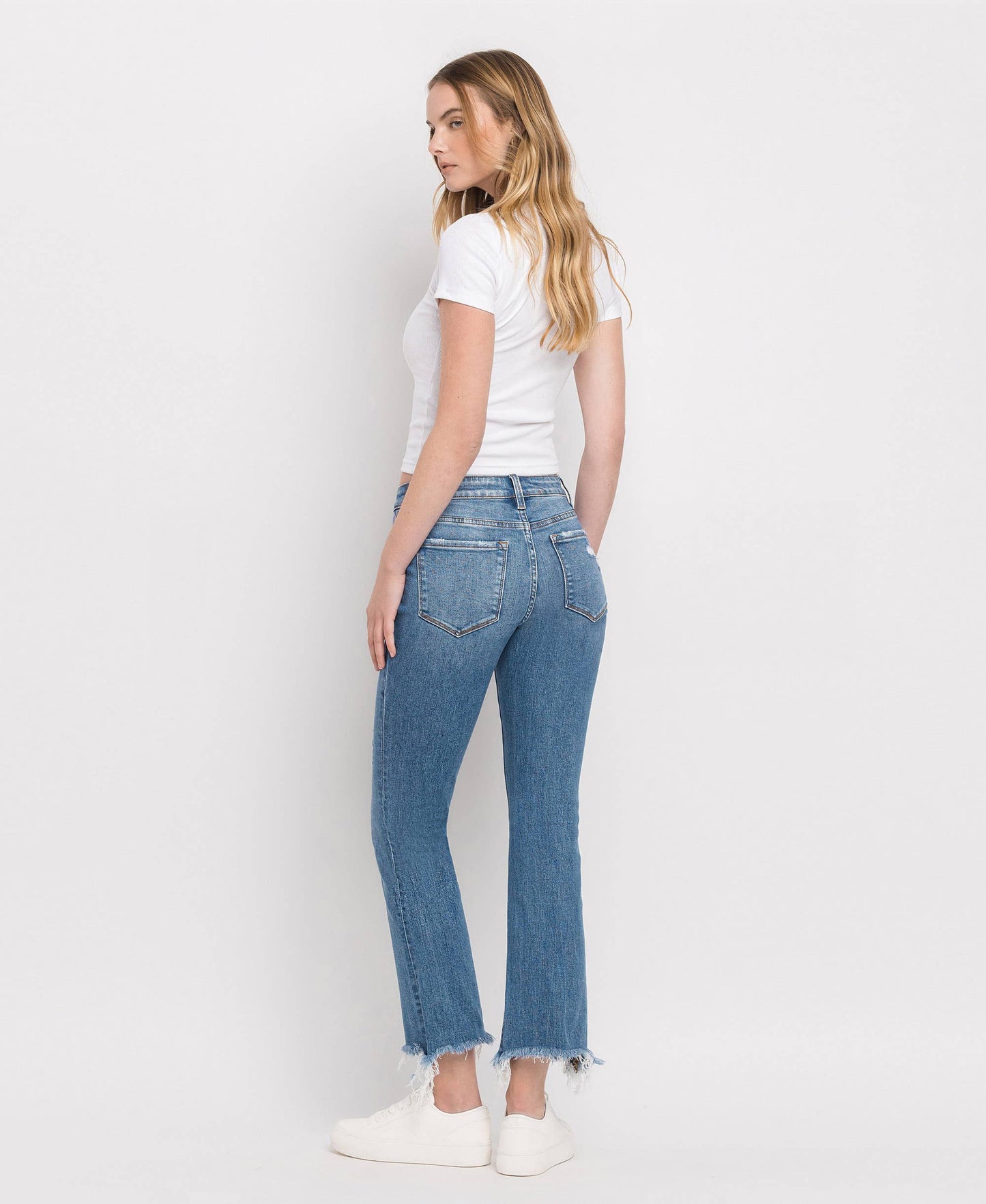 MID RISE DISTRESSED HEM ANKLE BOOTCUT JEANS F5011