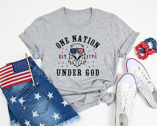 ONE NATION UNDER GOD GREY PATRIOTIC USA GRAPHIC TEE