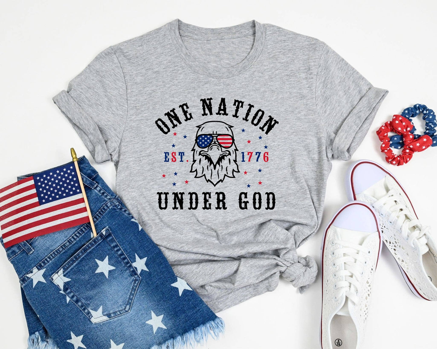 ONE NATION UNDER GOD GREY PATRIOTIC USA GRAPHIC TEE