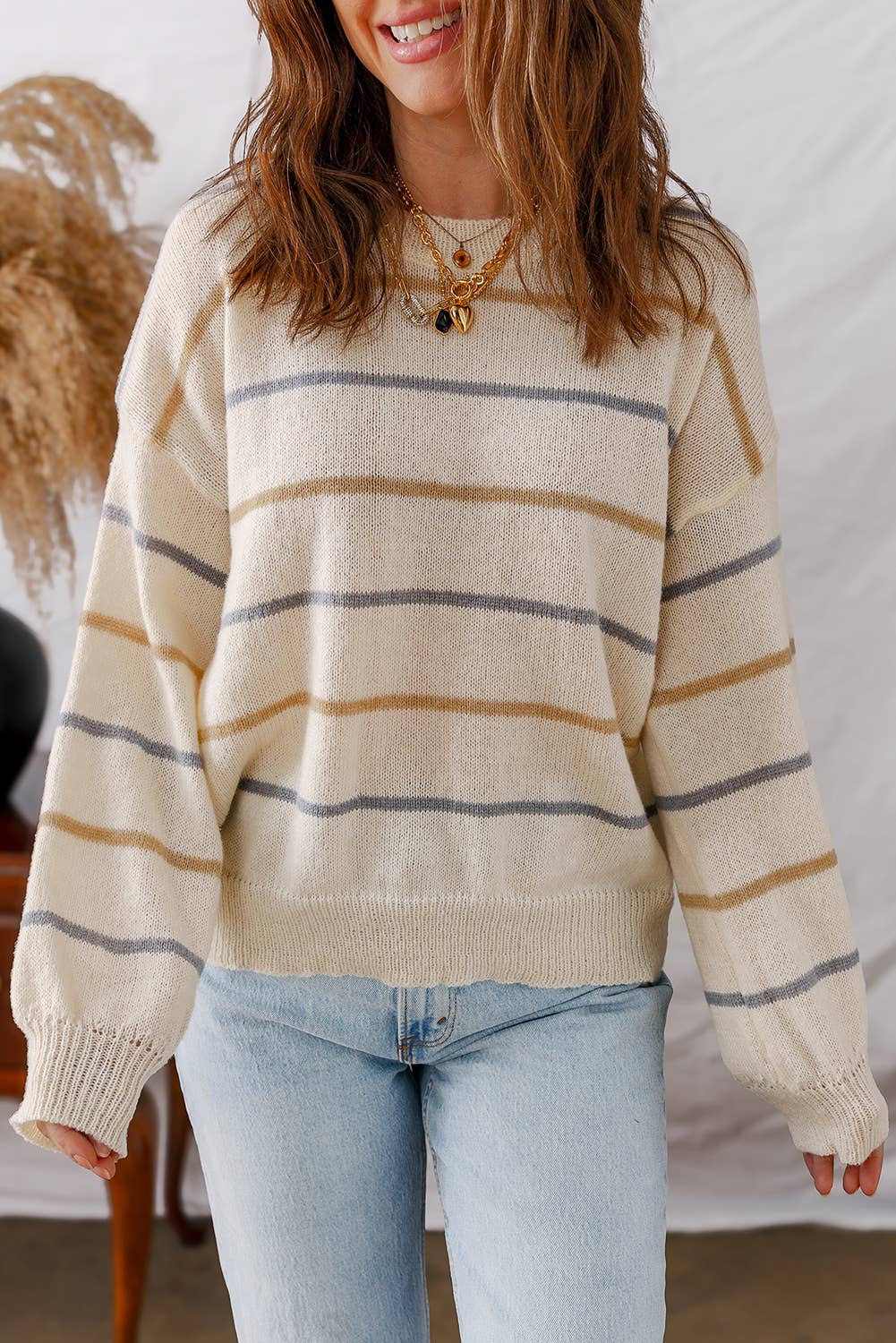 LDC Striped Ribbed Edge Drop Shoulder Sweater