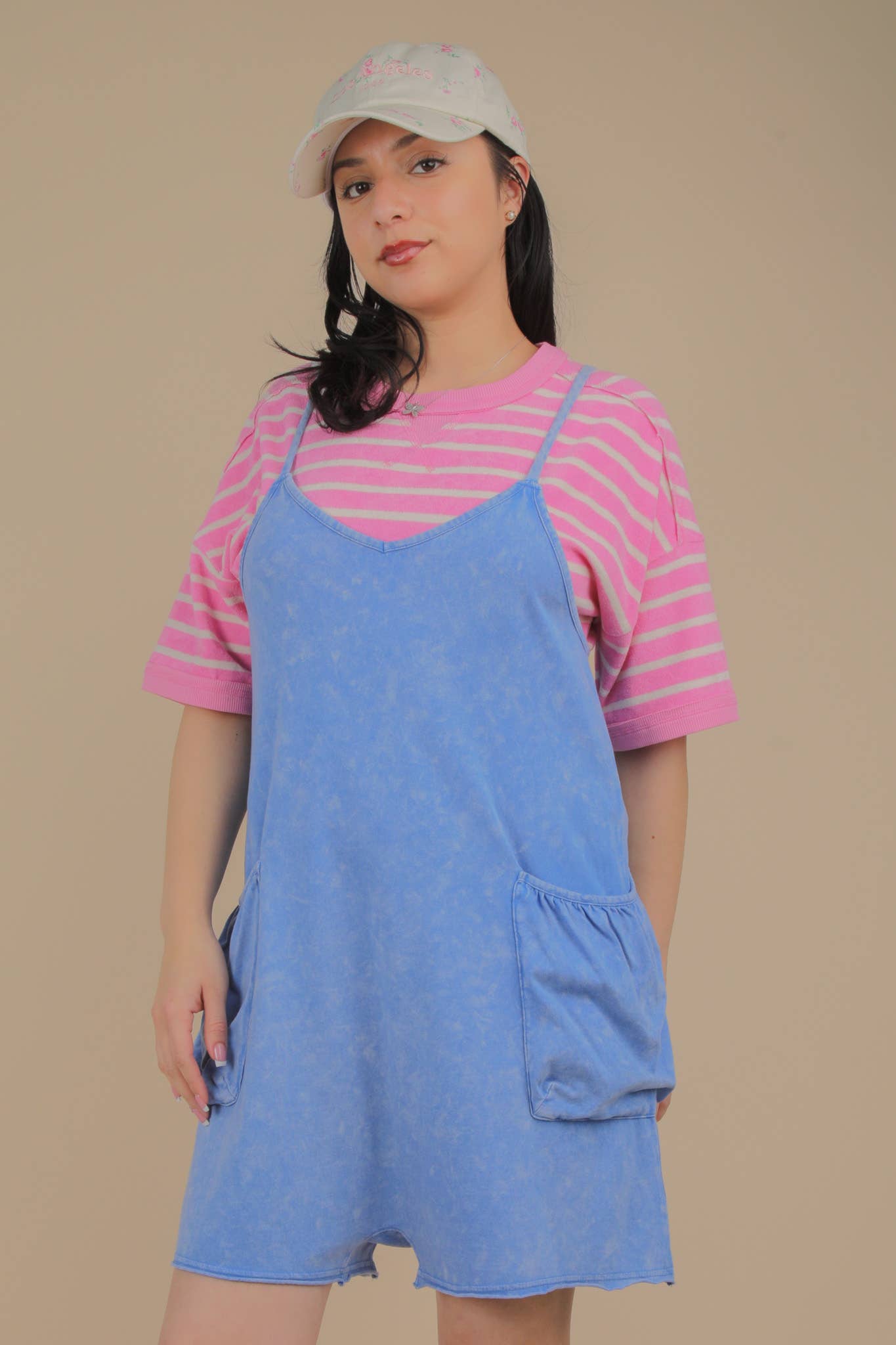 NP70359-Mineral Washed Sleeveless Casual Knit Romper