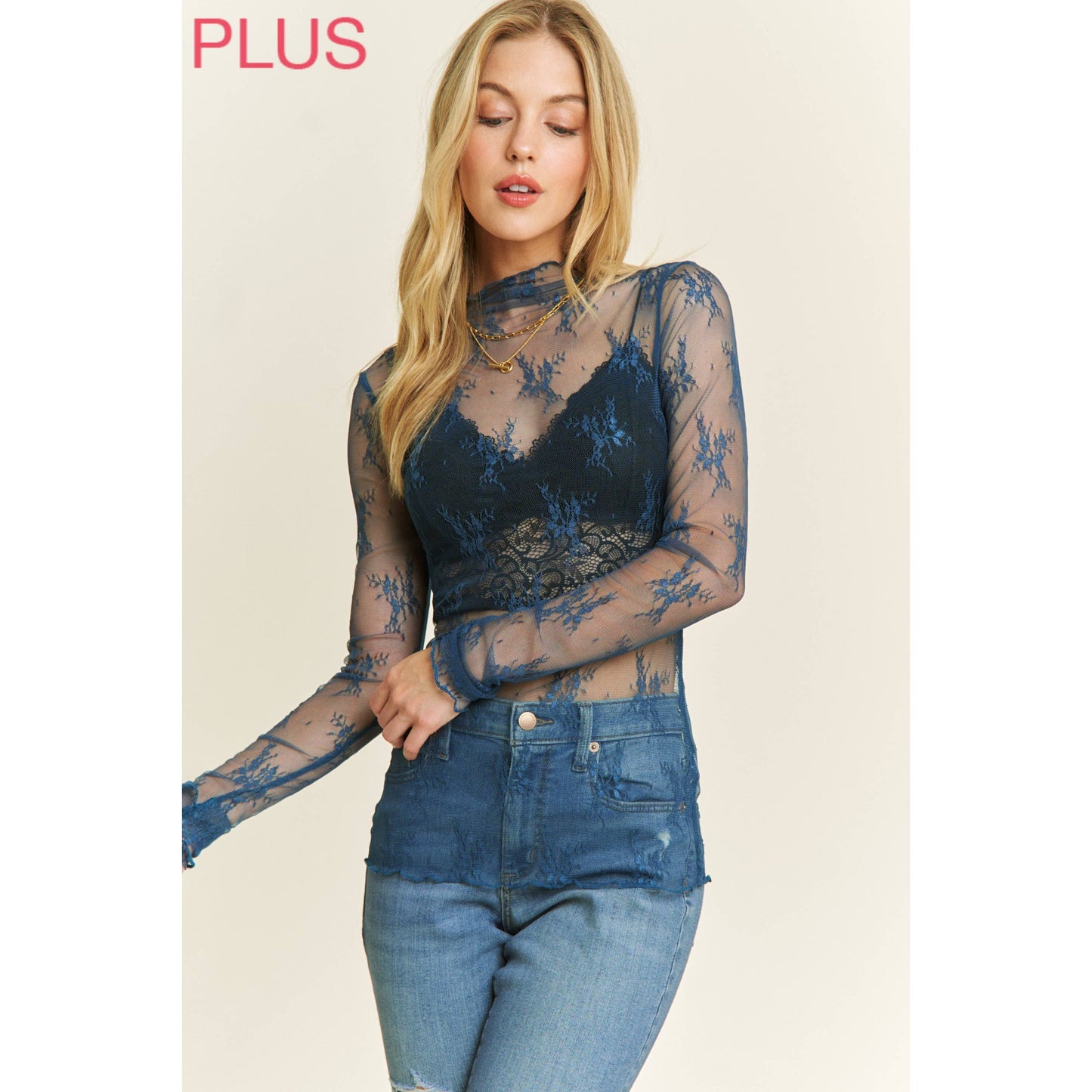 PLUS MESH LACE HIGH NECK DESIGN LONG SLEEVE FITTED TOP
