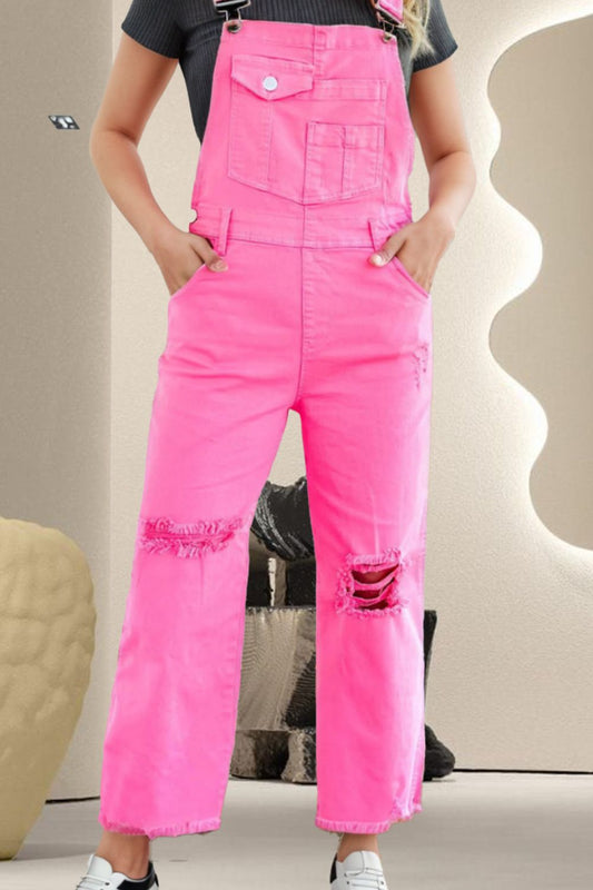 Distressed Pocketed Wide Strap Denim Overalls