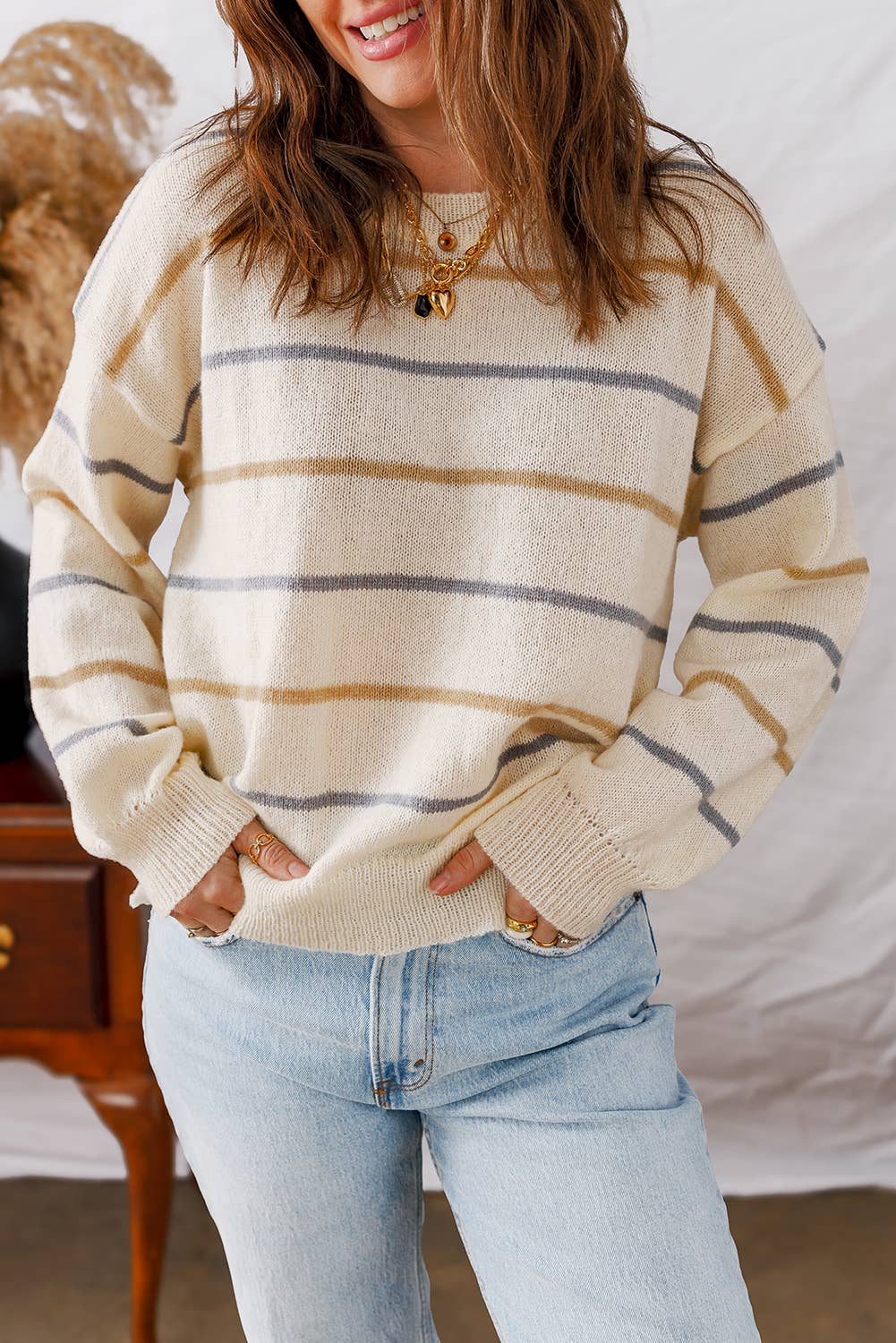 LDC Striped Ribbed Edge Drop Shoulder Sweater