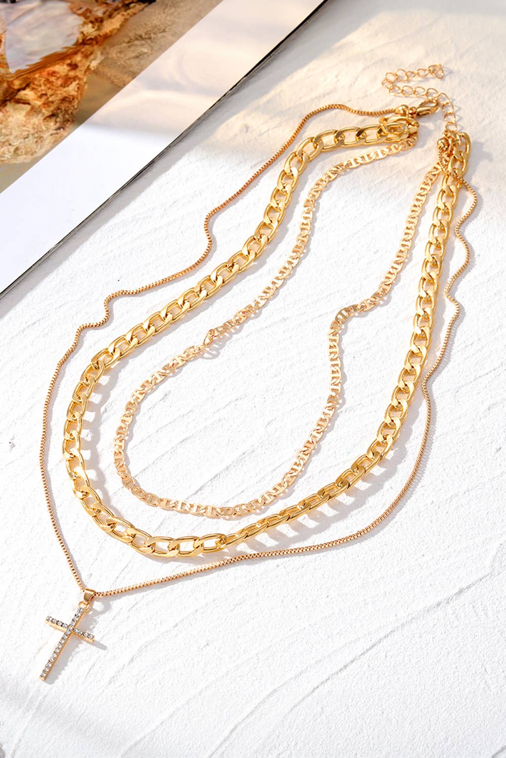 LDC Plated Cross Pendant Multi Layer Stacked Chains Necklace