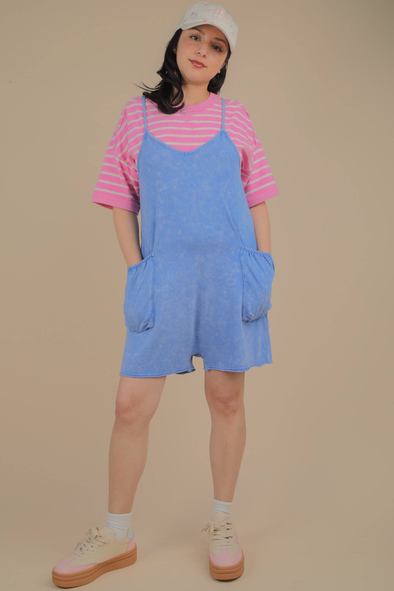 NP70359-Mineral Washed Sleeveless Casual Knit Romper