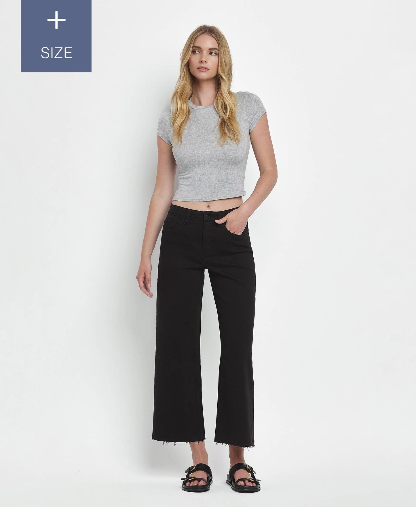 PLUS SIZE HIGH RISE CROP WIDE LEG JEANS T5894BK-P