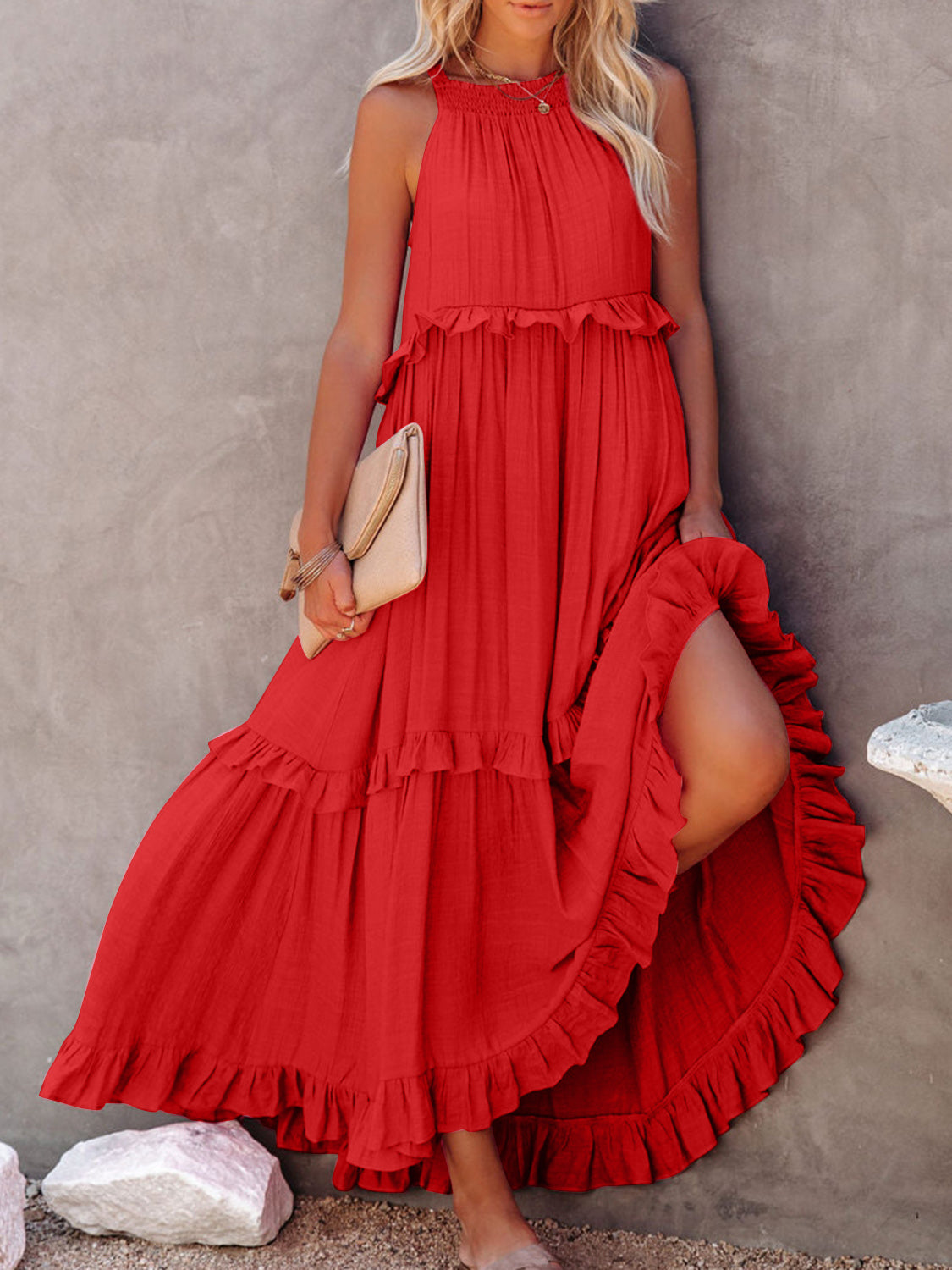 Ruffled Sleeveless Maxi Dress with Pockets