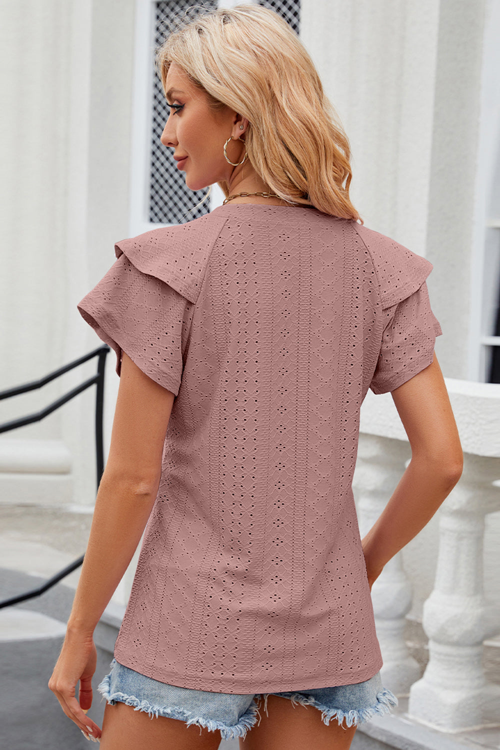 Eyelet Notched Flutter Sleeve T-Shirt