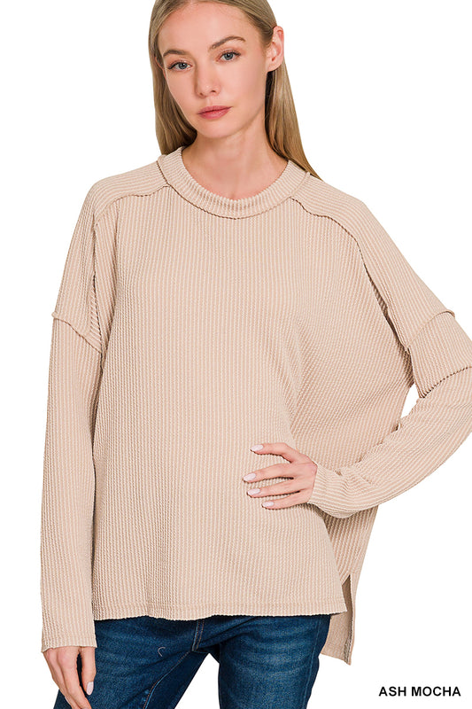 Zenana Raised Rib Raw Edge Boat Neck Long Sleeve Top