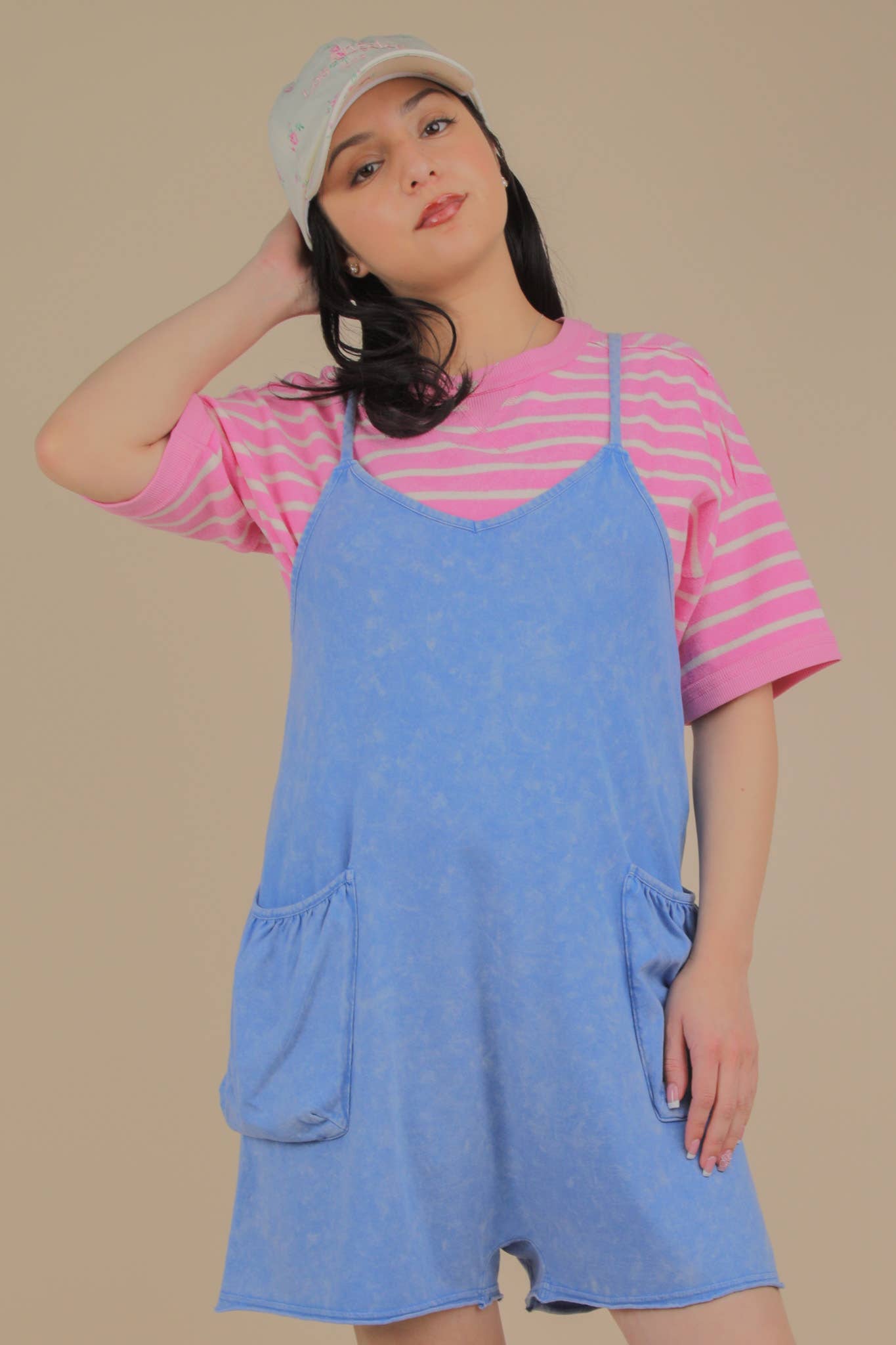 NP70359-Mineral Washed Sleeveless Casual Knit Romper