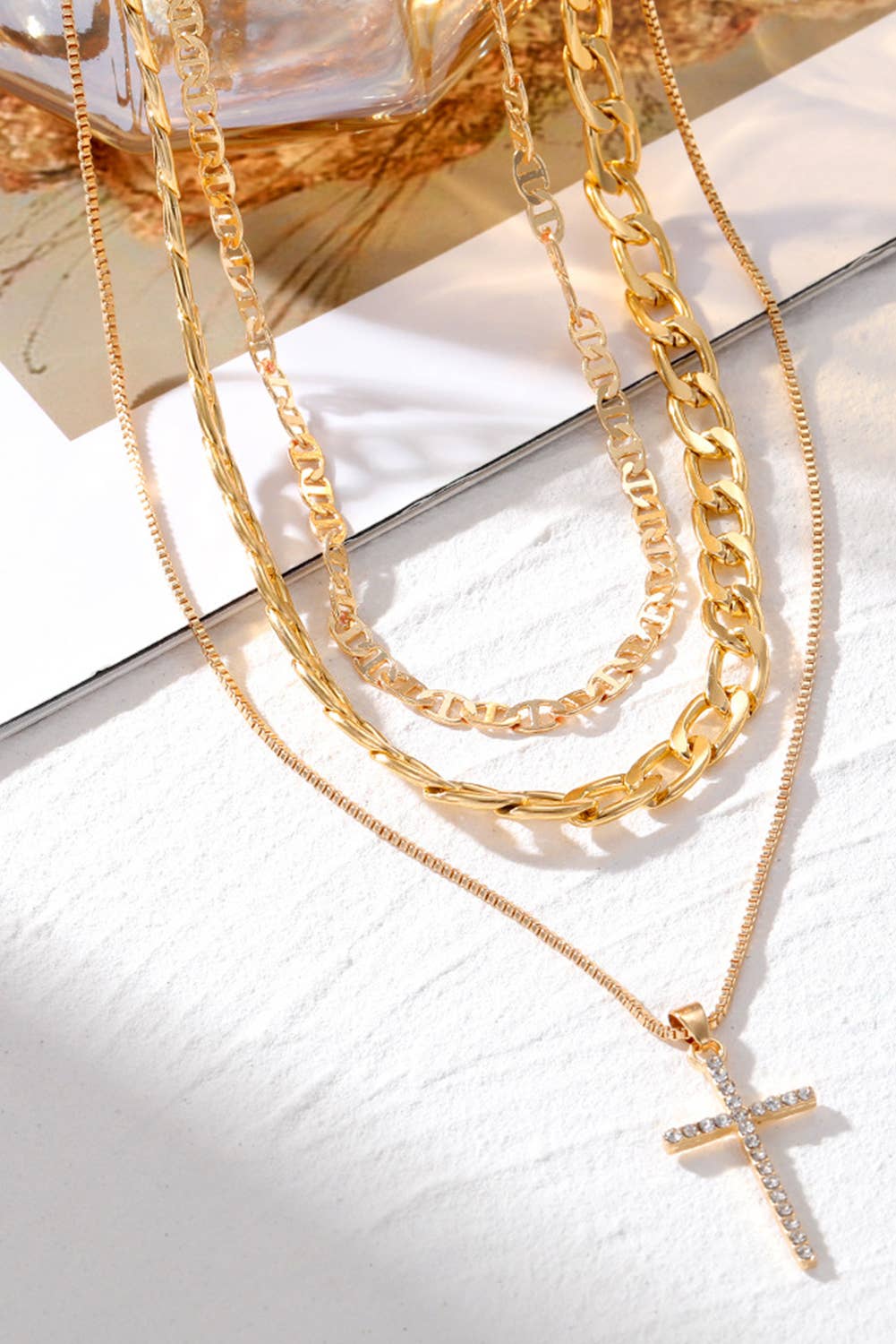 LDC Plated Cross Pendant Multi Layer Stacked Chains Necklace