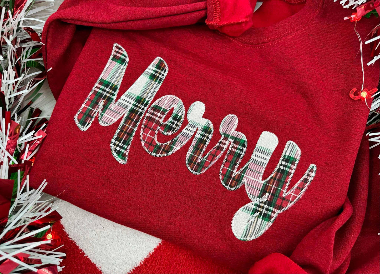 Plaid Christmas Cursive Merry Embroidered Crew