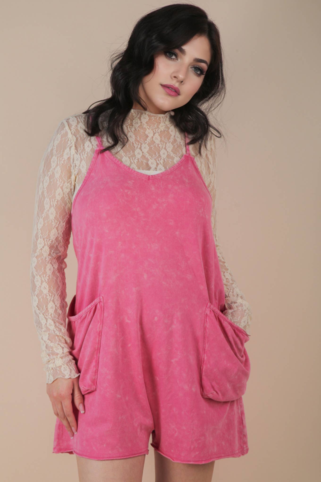 NP70359-Mineral Washed Sleeveless Casual Knit Romper