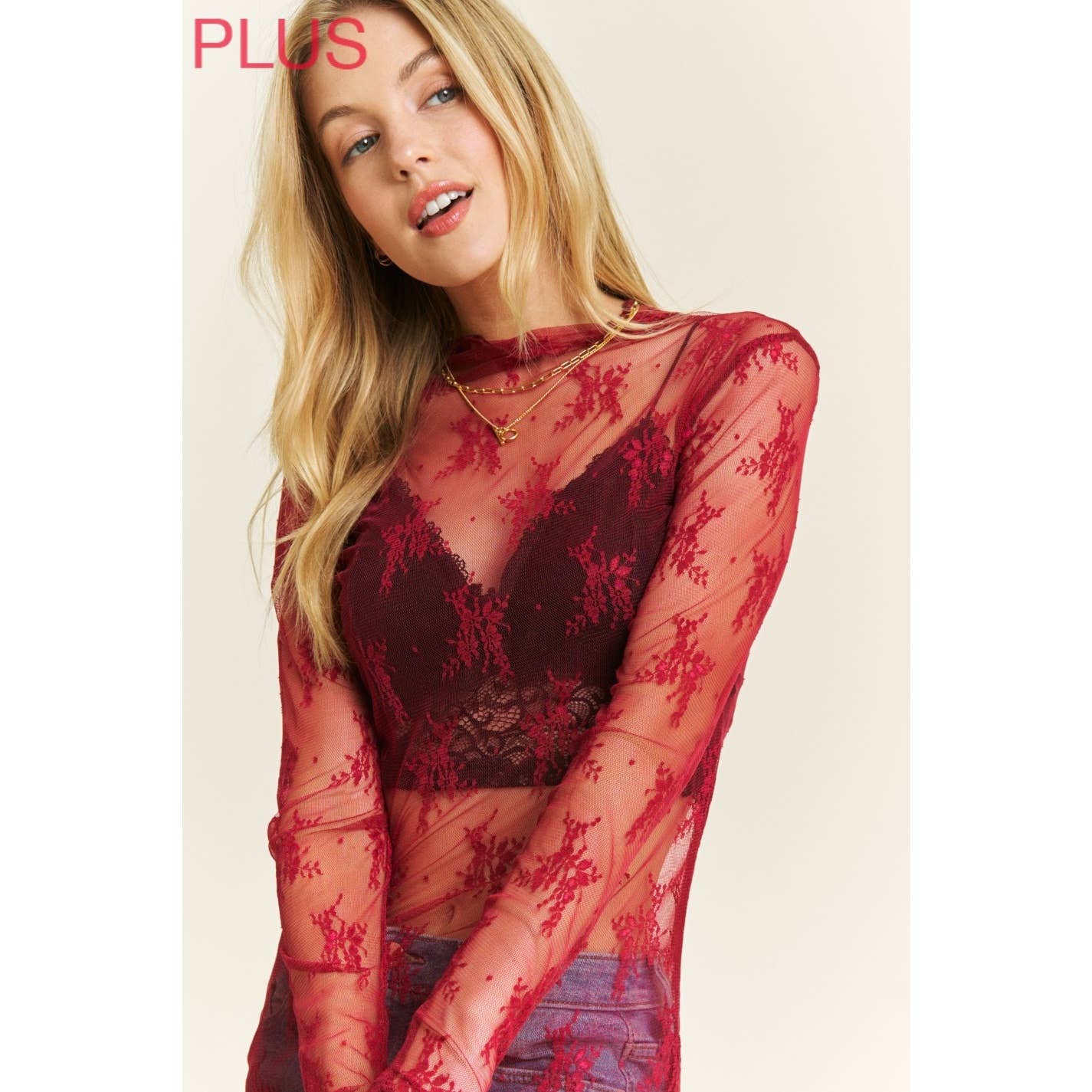 PLUS MESH LACE HIGH NECK DESIGN LONG SLEEVE FITTED TOP