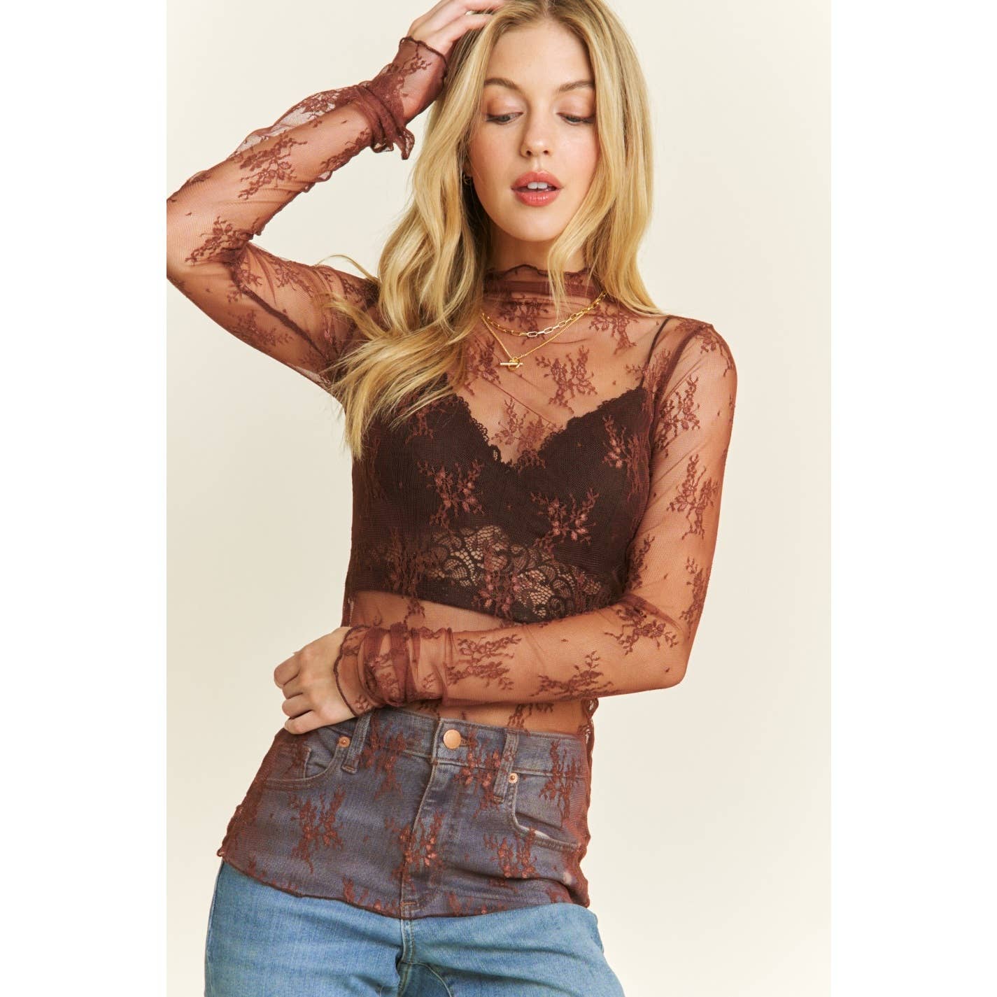 MESH LACE HIGH NECK DESIGN LONG SLEEVE FITTED TOP