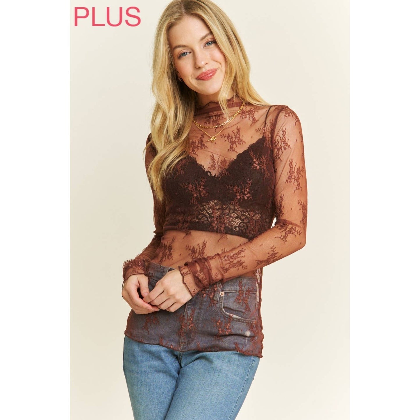 PLUS MESH LACE HIGH NECK DESIGN LONG SLEEVE FITTED TOP