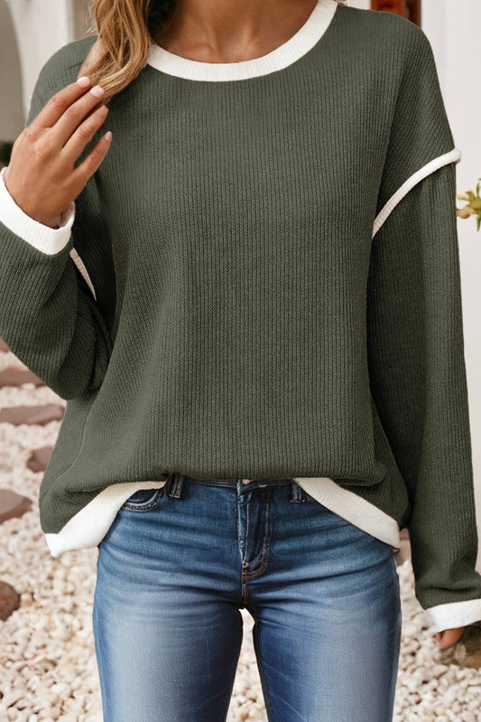 LDC Contrast Color Trim Drop Shoulder Loose Top