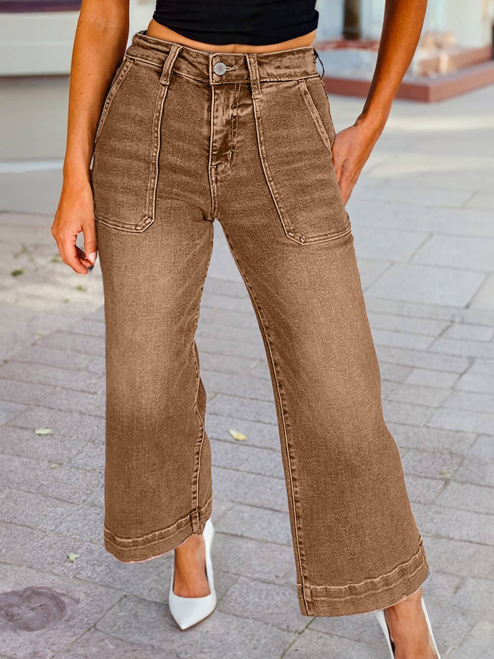 Cropped Loose Straight Medium Wash Jeans with Pockets