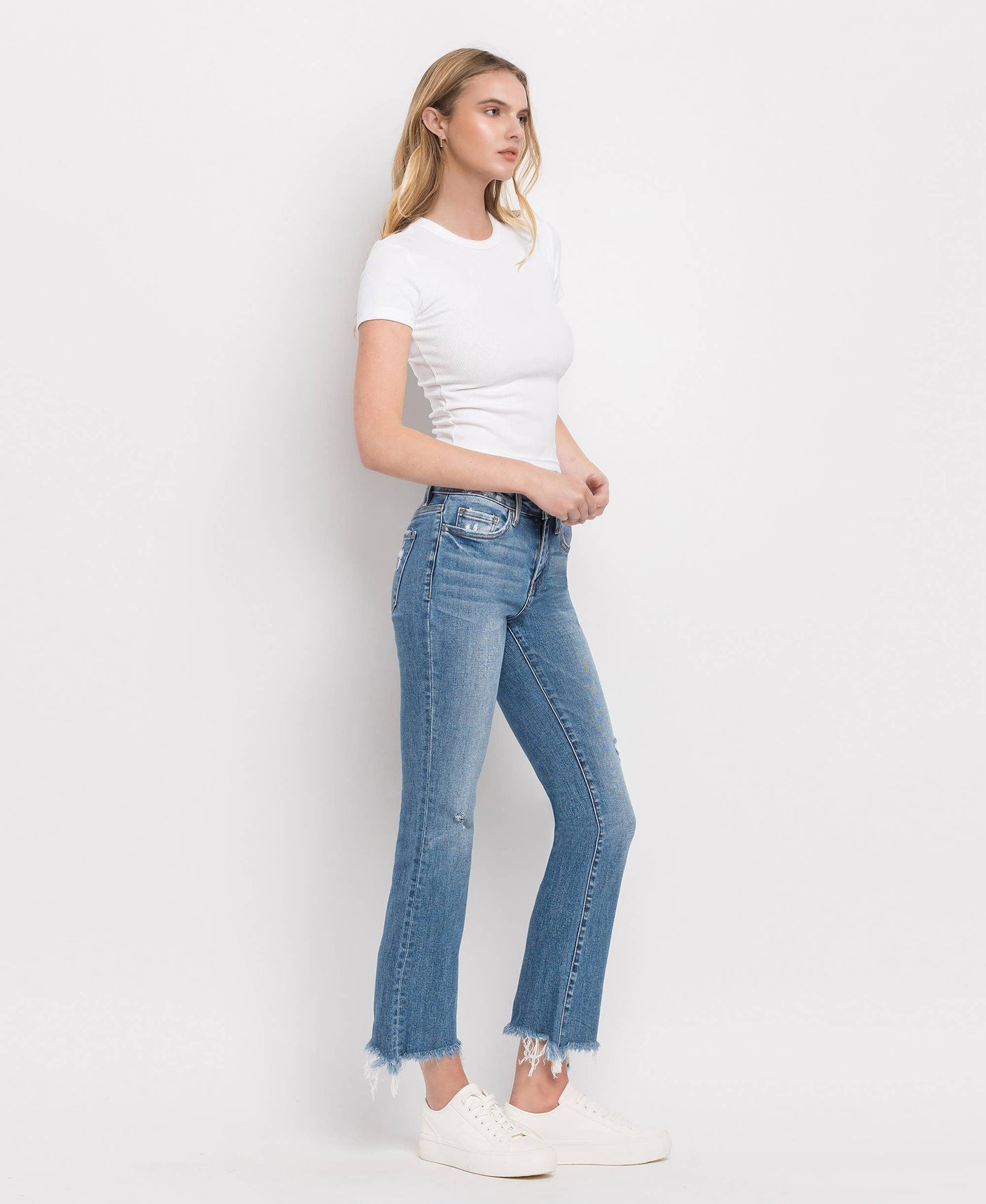 MID RISE DISTRESSED HEM ANKLE BOOTCUT JEANS F5011