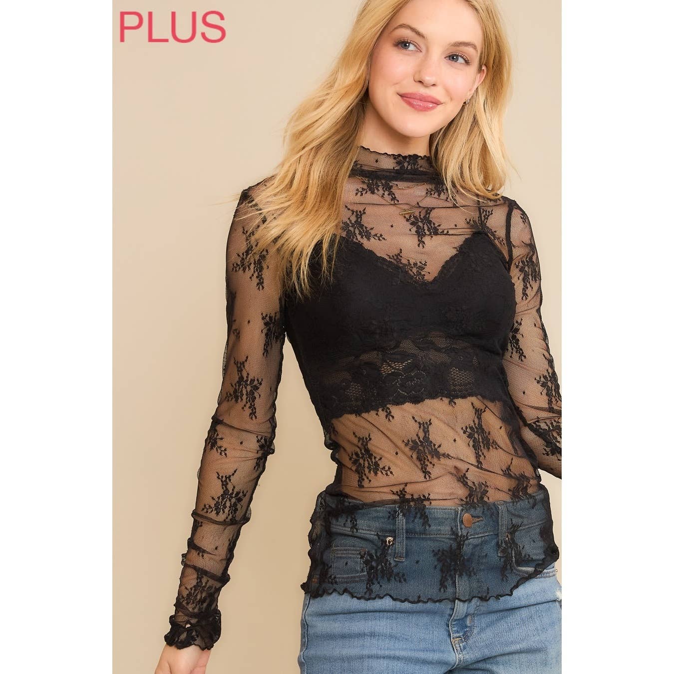 PLUS MESH LACE HIGH NECK DESIGN LONG SLEEVE FITTED TOP