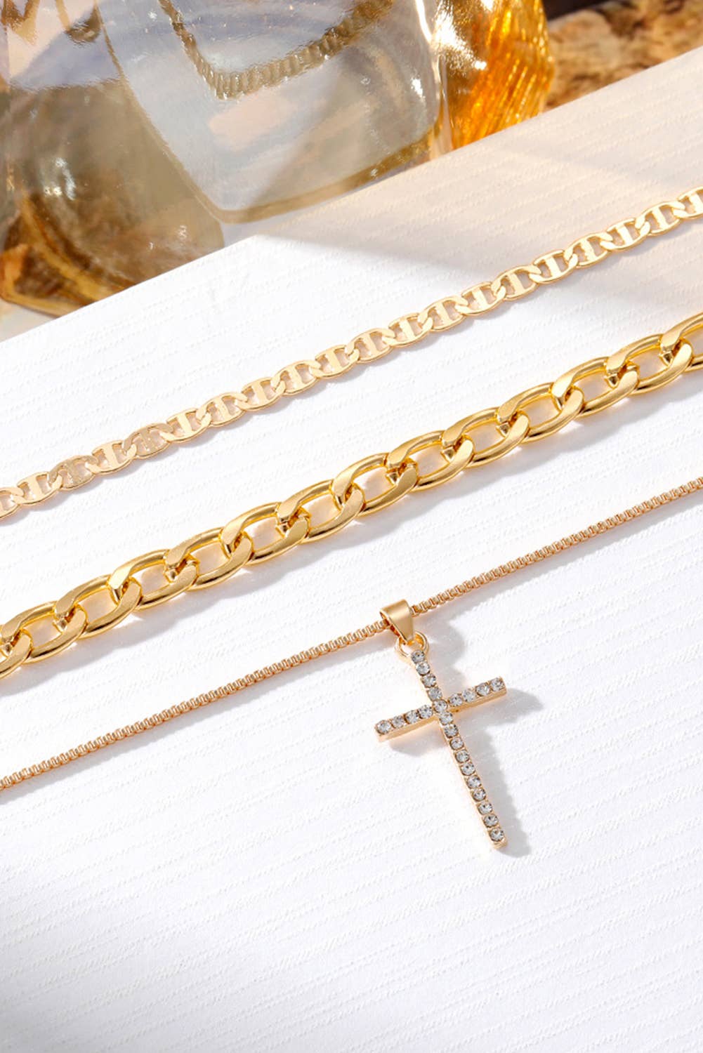 LDC Plated Cross Pendant Multi Layer Stacked Chains Necklace