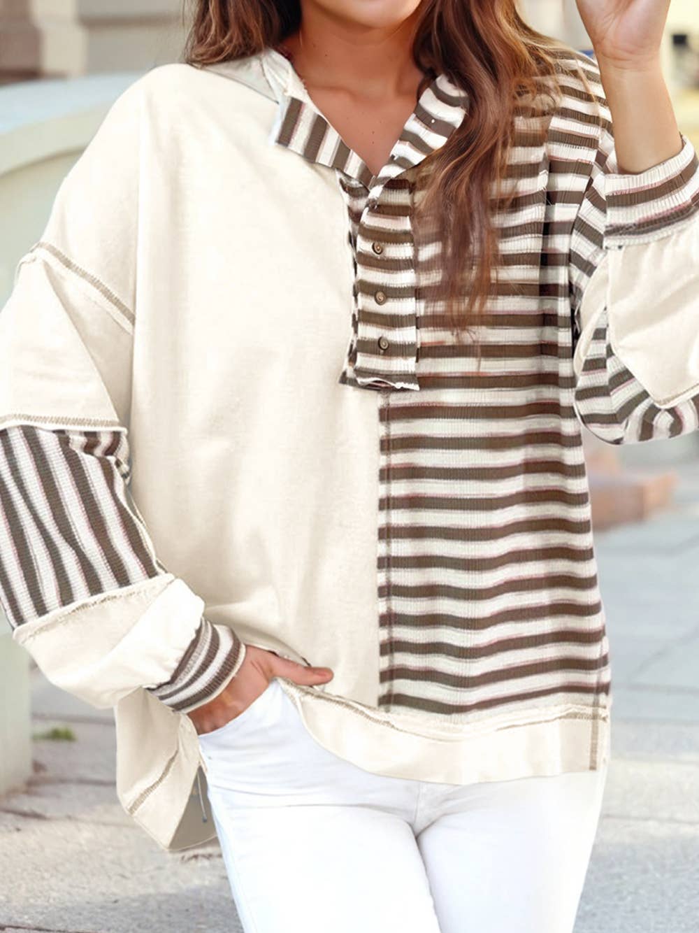 Stitched Detail Color Block Patchwork Oversized Pullover Top