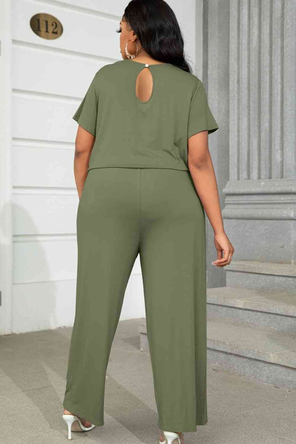 Plus Size Drawstring Waist Short Sleeve Jumpsuit