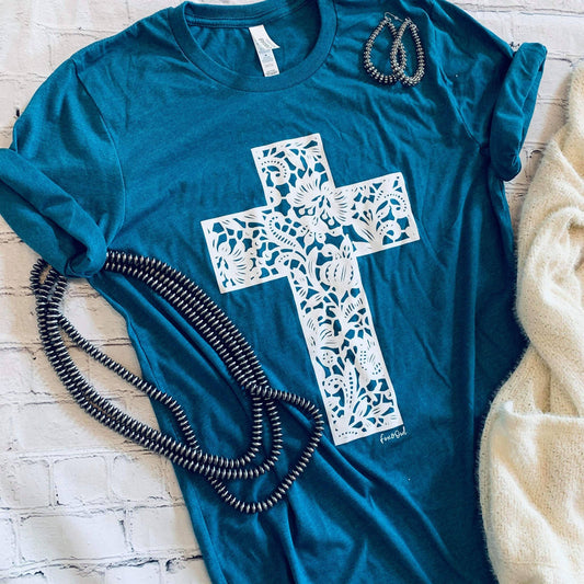 LACE CROSS TEAL  FAITH GRAPHIC TEE FREE SHIPING $100 ORDERS: S