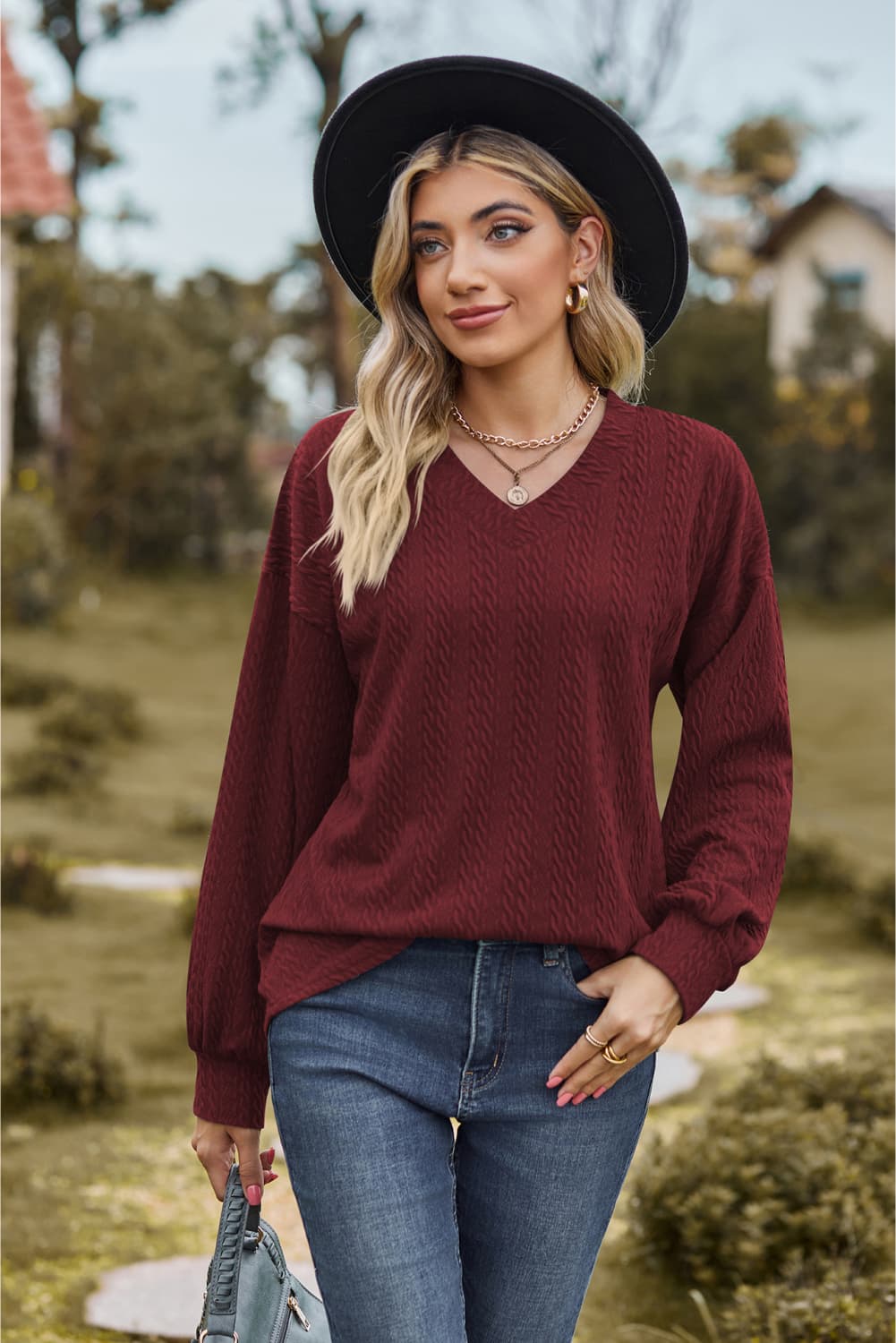 V-Neck Dropped Shoulder Blouse