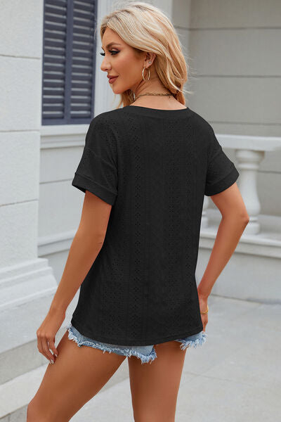 Eyelet V-Neck Short Sleeve T-Shirt