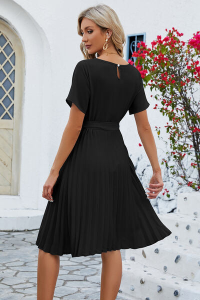 Pleated Tie Waist Short Sleeve Dress