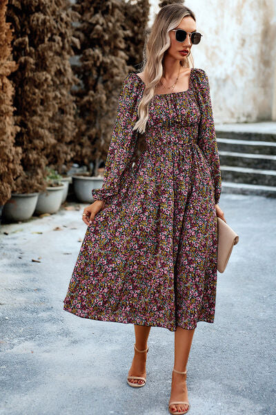 Printed Balloon Sleeve Pocketed Midi Dress