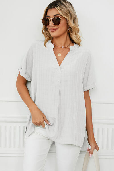 Ruched Notched Short Sleeve Blouse