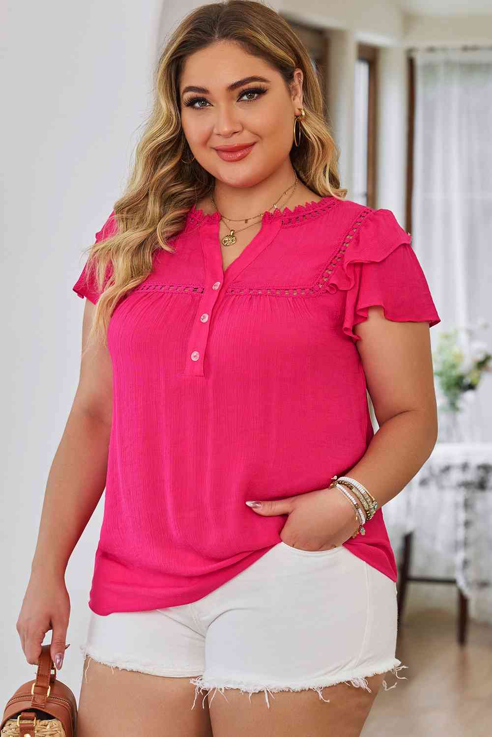 Plus Size Notched Neck Buttoned Flutter Sleeve Blouse