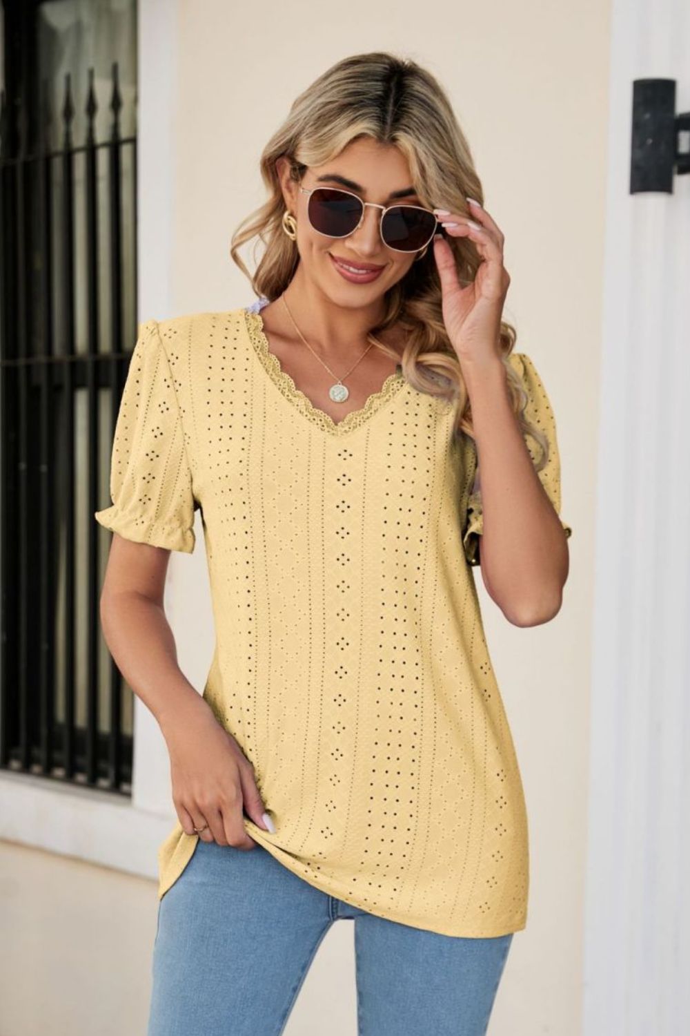 Eyelet Flounce Sleeve Scalloped V-Neck Top