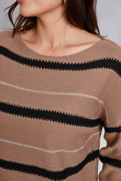 Striped Round Neck Dropped Shoulder Sweater